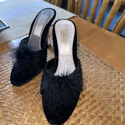 Vintage *Size 5.5 GLAMOUR GIRL Black Satin Marabou Shoes. Brand New • $45