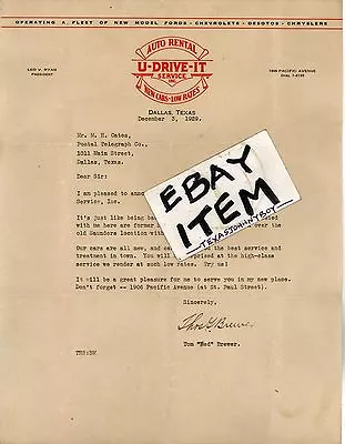 1929 Letterhead U-DRIVE IT SERVICE INC. Dallas Texas LEO V. RYAN Thomas Brewer • $62.30