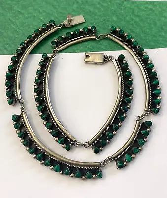 Vintage Taxco Mexico Sterling Silver 925 Malachite Stone Link Necklace • $186