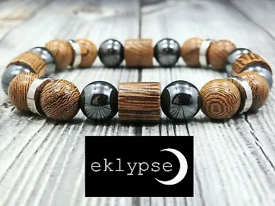 7.5 L The Elements 10mm Wood+Hematite+Stainless Steel Gemstone Bead Men Bracelet • $20.99