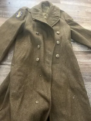 WW2 US Army Green Wool Military Trench Coat Vintage 40s Mens Long Overcoat 38R • $147