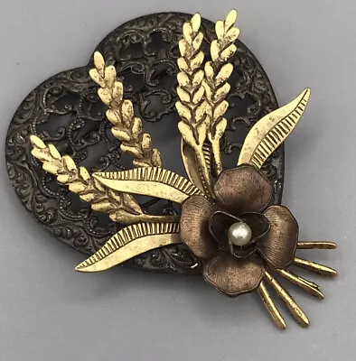 Vintage Tri-Metal Brooch Pin Heart Wheat Flower Steampunk 2” • $15.50