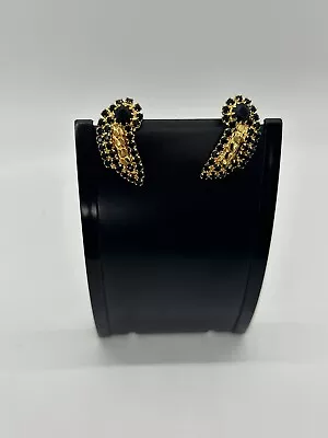 Vintage Austrian Black Crystal Earrings Clip On 1980’s Gold Tone • $19.97