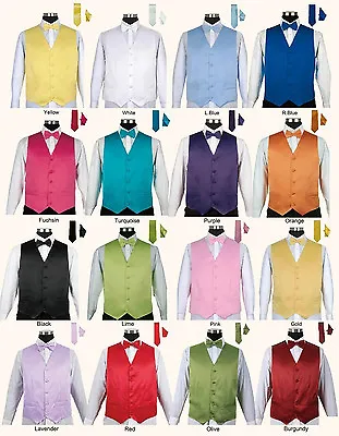 Men’s 4 Piece Tuxedo Vest Set With Bow Tie Handkerchief And Tie 16 Solid Colors • $24.95