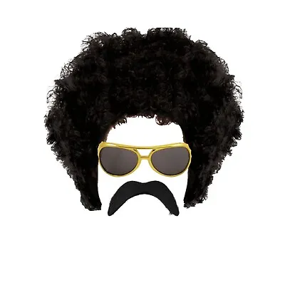 60s 70s MENS HIPPIE HIPPY AFRO CURLY WIG SUNGLASSES TASH 1970s FANCY DRESS NEW   • £6.99