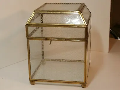 Vintage Brass And Patterned Glass Large Display Case W/ Hinged Top & Ball Feet • $26.99