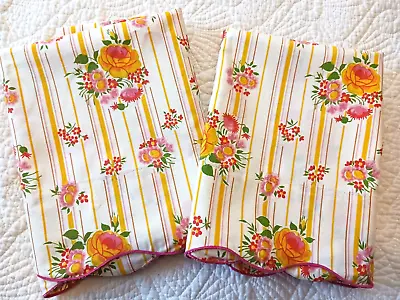 Pair Vintage 1980s PillowcasesYellow Pink White Flowers & Stripes 19.5 X36  Long • $24