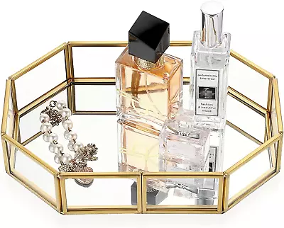 Hipiwe Gold Mirrored Makeup Tray Gold Metal Decorative Jewelry Tray Vanity Cosme • $24.76
