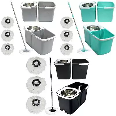 Space Saving 360° Rotating Dual Spin Dry Mop With Bucket 3 Microfibre Heads Set • £24.99