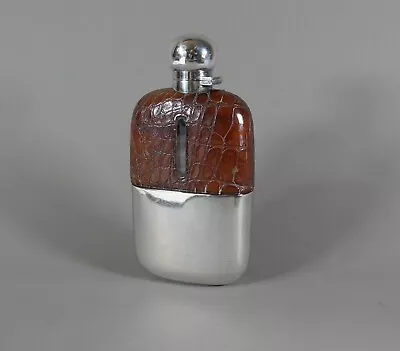 Antique Silver Plate Glass & Crocodile Leather Hip Flask By Finnigans • $60.42