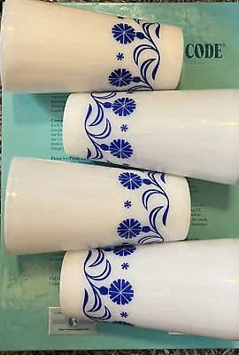 Hazel Atlas White Milk Glass Blue Cornflower Drinking Tumblers A Set Of 4 • $40