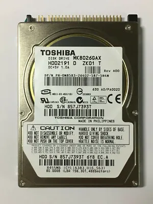 Toshiba MK8026GAX 80GB Internal 4200RPM 2.5 PATA/IDE (HDD2191) Laptop Hard Drive • $12.68