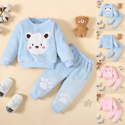 Toddler Kids Girls Teddy Bear Fleece Pyjamas Nightwear Loungewear Outfit Set PJs • £5.82