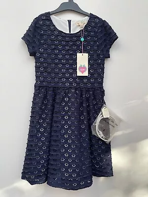 Yumi Girls Navy Lined Print Dress - Age 9/10 • £14.99