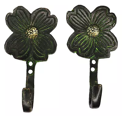 Vintage Style Brass Towel Key Hooks Flower Design Handmade Wall Hangers Set Of 2 • $27.28