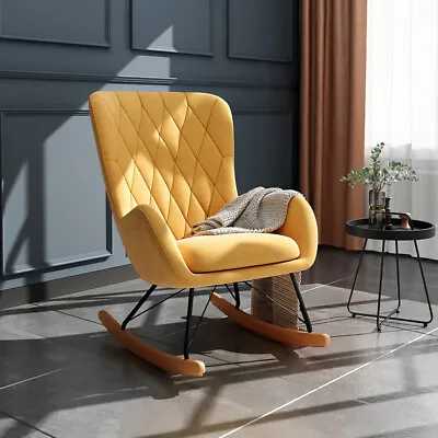 Nursing Rocking Chair Linen Fabric Armchair Yellow Glider Rocker For Living Room • £189.95
