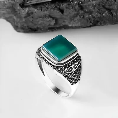 Natural Green Agate Aqeeq Handmade Genuine Real 925 Sterling Silver Ring For Men • £42.56