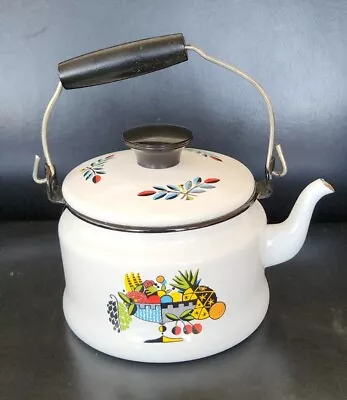 Vintage MCM Enameled Metal Teapot Kettle W Wood Handle  • $35