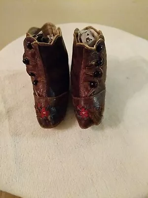 Antique Victorian High Top  Leather Infant Toddler Button Up Shoes W/Flowers • $34.99