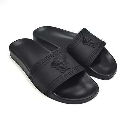 NWT $375 Versace Black Palazzo Medusa Logo Slides Sandals Men's 43 10 AUTHENTIC • $199