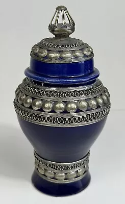 Vintage Cobalt Blue Small Ceramic Moroccan Hand Made Urn With Metal Accents • $34.99