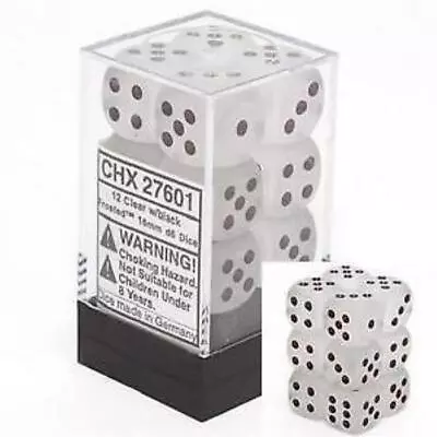 Chessex Dice D6 Sets 16mm Frosted Clear W/ Black Six Sided Die 12 Set CHX 27601 • $9.39