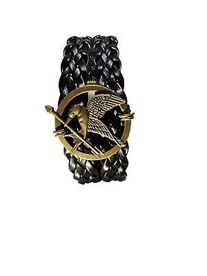 Hunger Games Mocking Jay Bird Charm Black Braided Faux Leather Layered Bracelet • $12.99