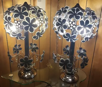 Anthony BLACK TOPIARY Lucite Acrylic Flowers CHROME REGENCY/MCM Vtg Table Lamps • $1899.99