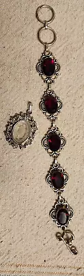 Vintage Costume Jewelry Faux Ruby Garnet Rhinestone Bracelet Cameo Pendant • $15