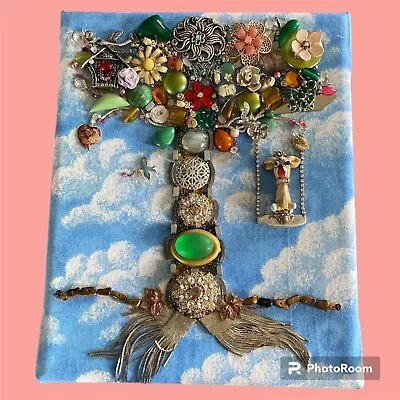 FRAMED JEWELRY ART OOAK Recycle Upcycle Vintage Tree Nature Dog Swing 8 X10 • $25