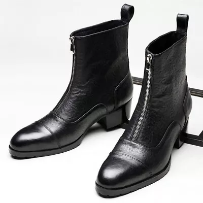 Mens Front Zipper Pointed Toe Business Ankle Boots 5cm Heel Real Leather British • $159.99
