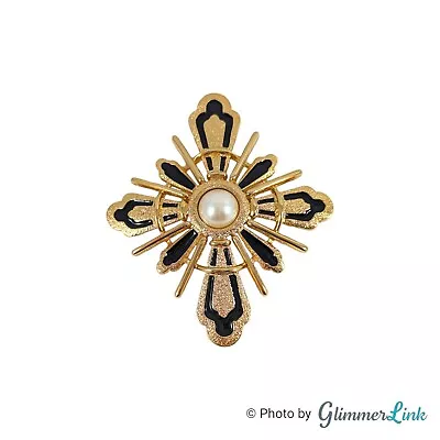Vintage Monet Large Maltese Cross Faux Pearl Black Enamel Gold Tone Brooch Pin • $44.99