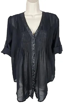 4 Love And Liberty Johnny Was Black Pleated Top Tunic XS Metallic Sheer Roll Slv • $31.99