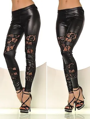 Sexy Leggings Leather Look Lace Insert Black Elastic Cracks Slit KS-1891 • £41.33