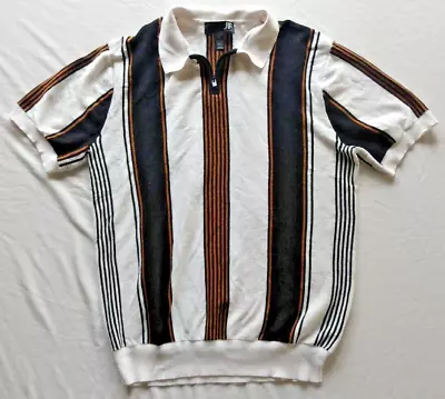 JF J. Ferrar Polo Shirt Mens Size L Zipped Collar Striped White Black Brown • $17.99