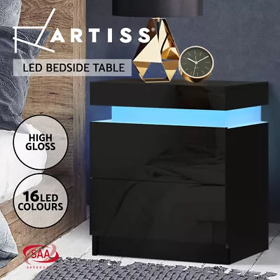 Artiss Bedside Table Side Table Drawers RGB LED High Gloss Nightstand Cabinet • $74.95