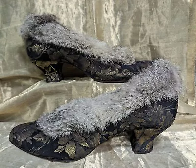 Flapper 1920’s Rose Pattern Metallic Gold Lame High Heel Shoes W/fur Trim • $504.20