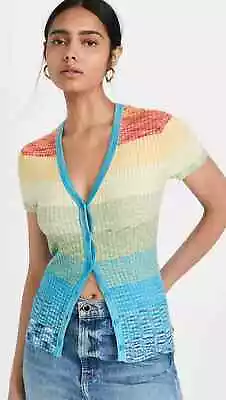 Staud Short Sleeved Rainbow Striped Ribbed Cardigan Sweater Size M Retail $175 • $82
