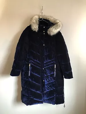 Joanna Hope Puffer Coat Womens Uk 28 Blue Velvet Faux Fur Trim Jacket Glam   (W) • £39.99