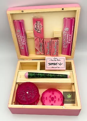 £19.99 • Buy Pink Wooden Rolling Box Set | Large Stash Box Rolling Papers Tips Holder Grinder
