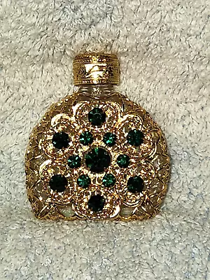 Vintage Czech Gold Filigree Clear Glass Green Rhinestone 2  Perfume Bottle • $24.95