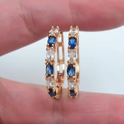 $4.39 • Buy 18K Yellow Gold Filled Blue Topaz Oval Hoop Huggie Charm Earrings For Women Gift