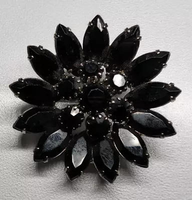 Vintage Black Rhinestone Brooch Prong Set Flower • $9.99