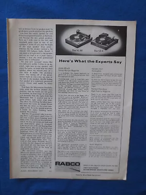 Rabco SL-8R ST-4  What The Experts Say  Magazine Ad Audio Mag November 1971 • $18.72