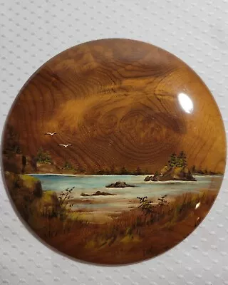 Vintage 1970s Myrtle Wood Oregon Wall Hanging Seascape 7.5  Diameter Signed • $19.99