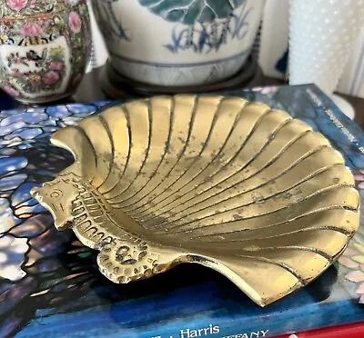 Vintage Brass Sea Shell Trinket Jewelry Box Soap Dish With Seahorse • $24