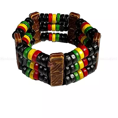 Rasta Afro Color Wood Bead Band Bracelet Wrist Bracelets Cuff Stretch To Fit 1SZ • $11.99