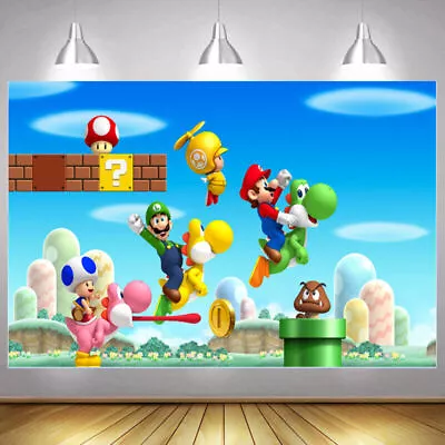 Super Mario Backdrop Kids Game Happy Birthday Party Photo Background Banner • $58.40