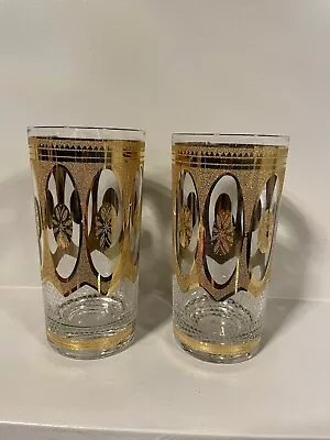 Set Of 2 Vintage Gold & White Frosted Window Pane Tumblers Glasses 5.5” Tall • $19.99