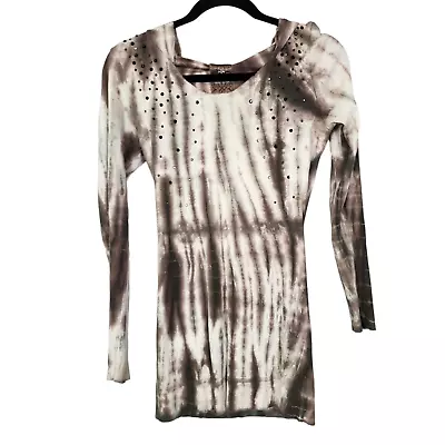 Vocal Thermal Hooded Studded Tunic Shirt Brown White Tie Dye Bling Small • $12.36